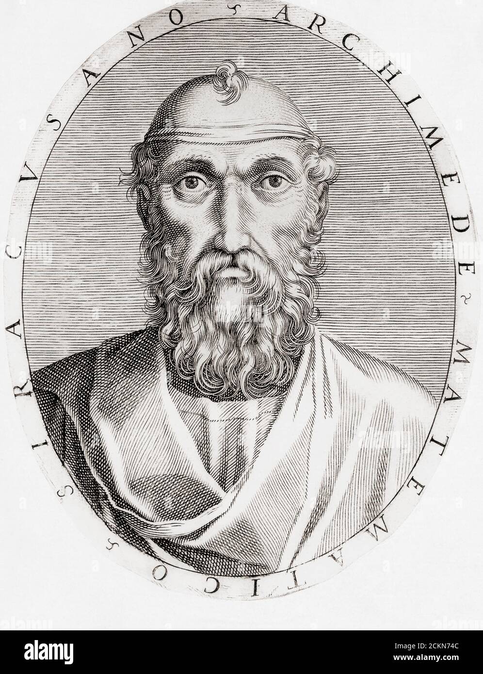 Archimedes of Syracuse, c. 287 – c. 212 BC.  Greek mathematician, physicist, engineer, inventor, and astronomer.  After an 18th century engraving by an unidentified artist. Stock Photo