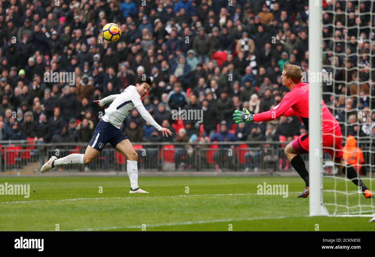 Soccer Football - Premier League - Tottenham Hotspur vs Huddersfield Town - Wembley Stadium, London, Britain - March 3, 2018   Tottenham's Son Heung-min scores their second goal    REUTERS/Eddie Keogh    EDITORIAL USE ONLY. No use with unauthorized audio, video, data, fixture lists, club/league logos or 'live' services. Online in-match use limited to 75 images, no video emulation. No use in betting, games or single club/league/player publications.  Please contact your account representative for further details. Stock Photo
