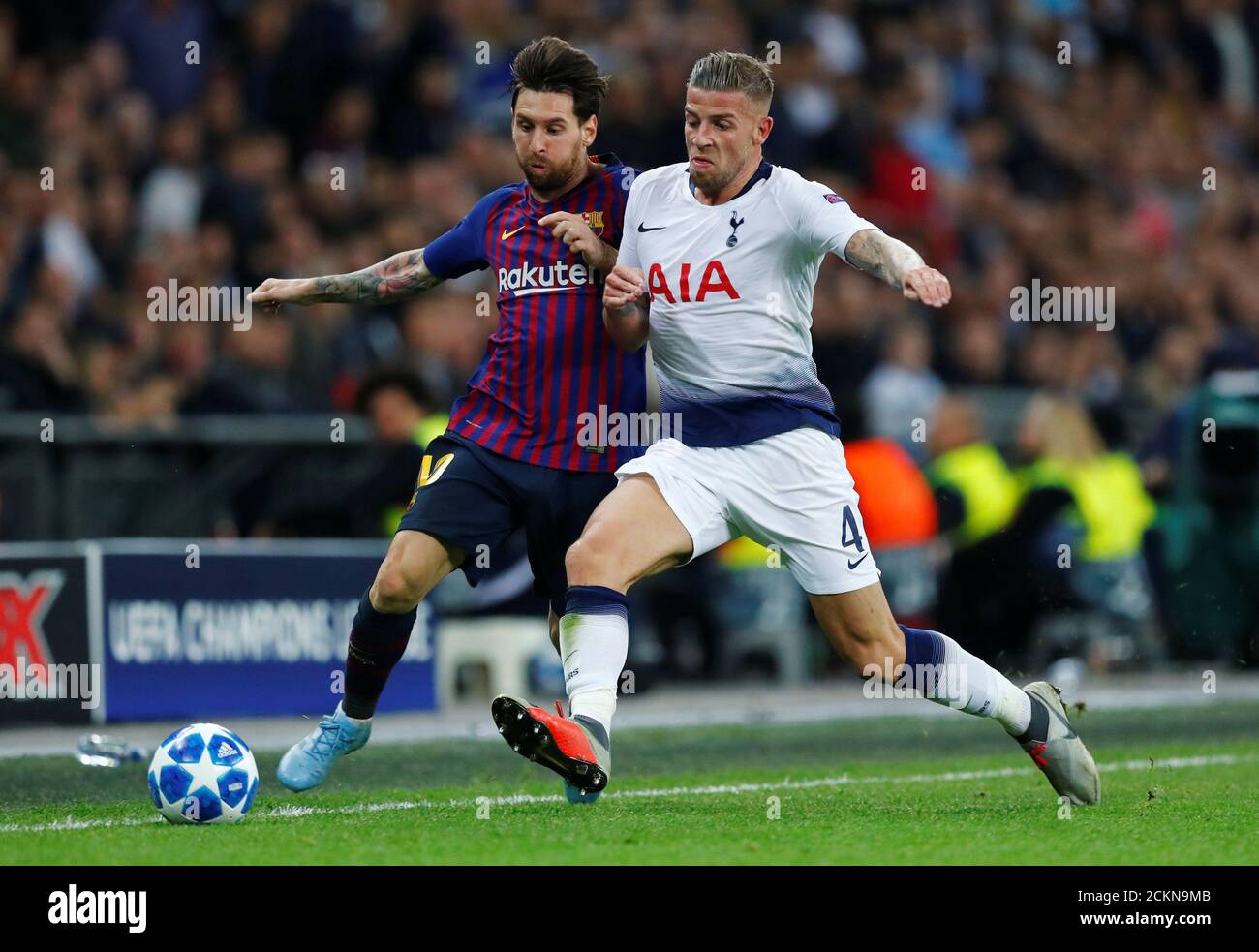 Soccer Football - Champions League - Group Stage - Group B - Tottenham Hotspur v FC Barcelona - Wembley Stadium, London, Britain - October 3, 2018  Barcelona's Lionel Messi in action with Tottenham's Toby Alderweireld   REUTERS/Eddie Keogh Stock Photo