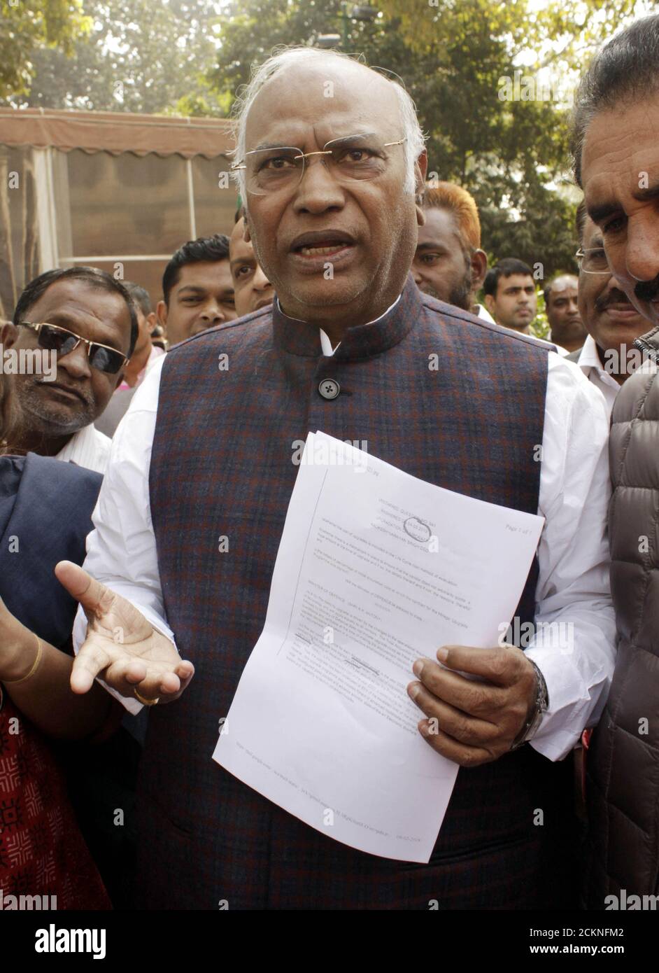 Congress leader Mallikarjun Kharge talks to media in Parliament House