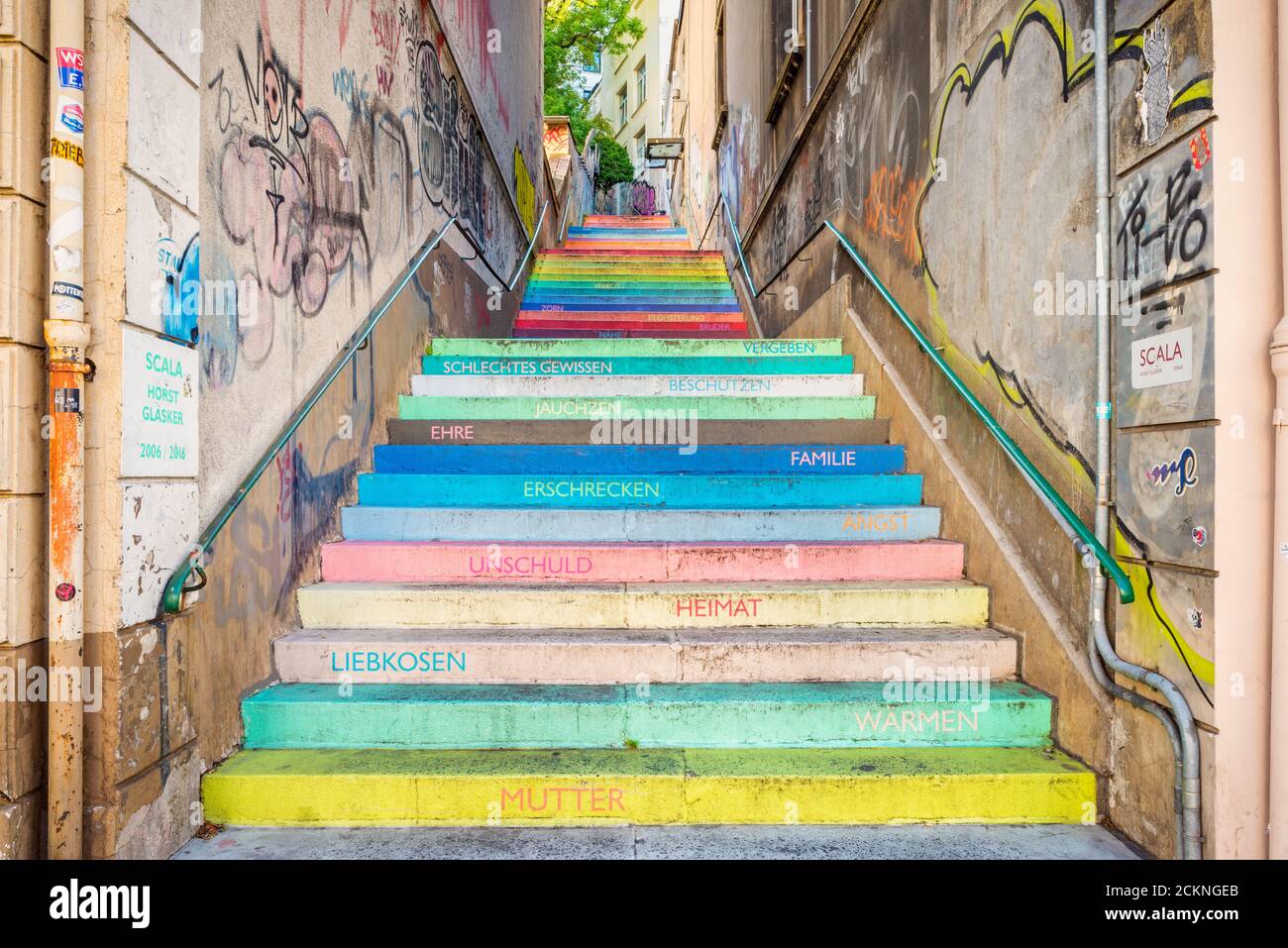 The Holstein staircase in Wuppertal Germany. In 2006, the 112 steps were converted into an art installation by Horst Gläsker. Stock Photo