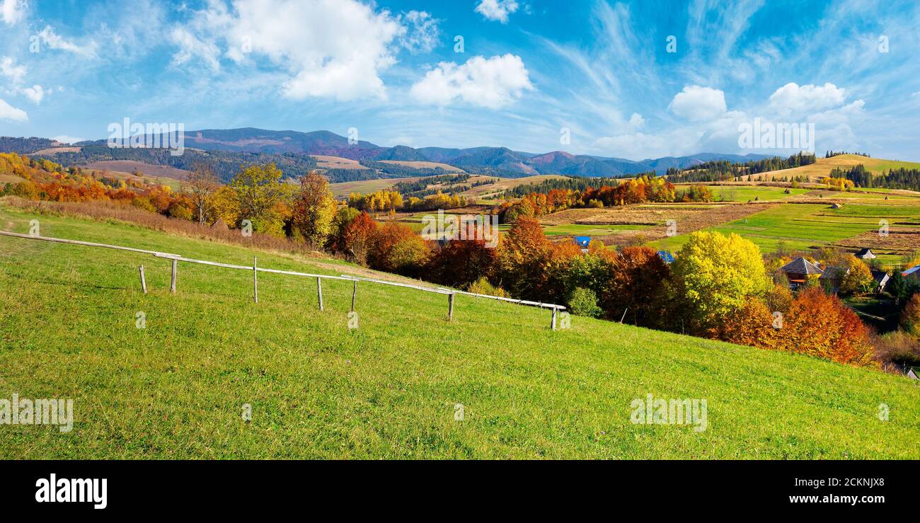 carpathian rural landscape in autumn. beautiful countryside scenery on a sunny day. haystacks on the green fields rolling through hills. trees in fall Stock Photo