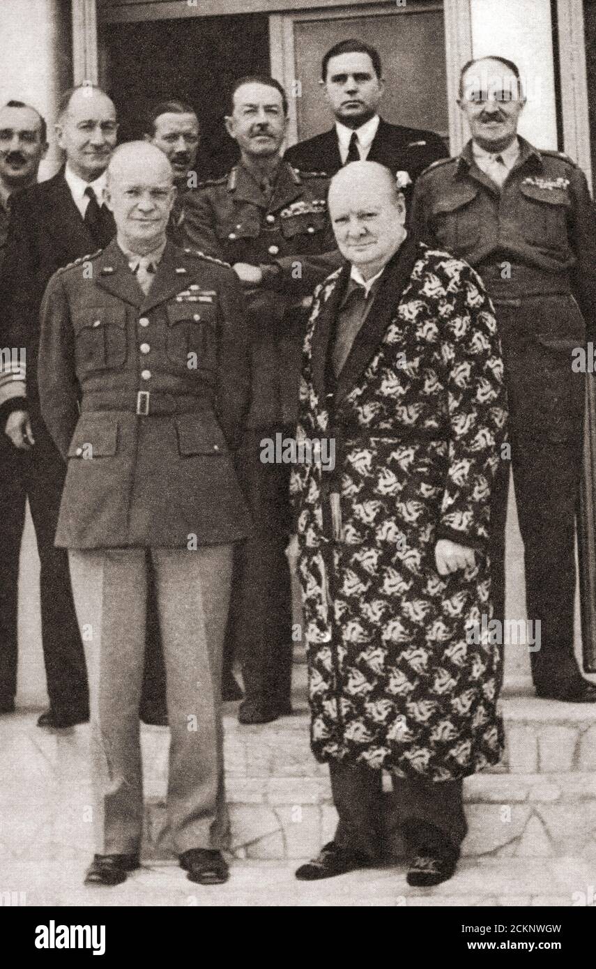 Winston Churchill celebrating his recovery from pnuemonia, seen with General Eisenhower in North Africa in 1943.  Sir Winston Leonard Spencer-Churchill, 1874 – 1965. British politician, army officer, writer and twice Prime Minister of the United Kingdom. Stock Photo