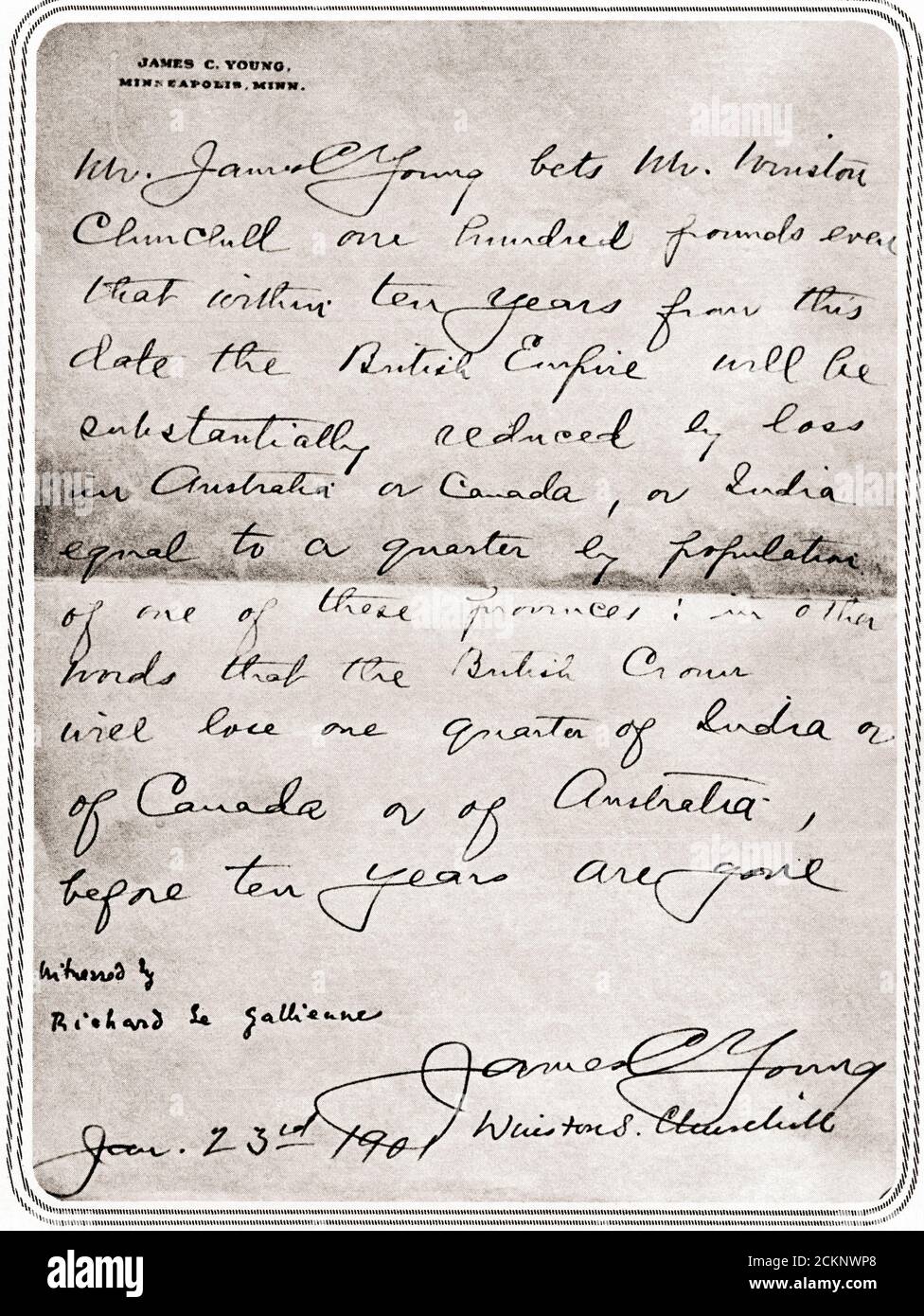Betting his faith in the British Empire with a 100 pound wager.  Churchill's signature on a betting slip , dated January 23, 1901, in the handwriting of a friend, Mr. James C. Young, with whom he took up the  wager in the United States.  Sir Winston Leonard Spencer-Churchill, 1874 – 1965. British politician, army officer, writer and twice Prime Minister of the United Kingdom. Stock Photo
