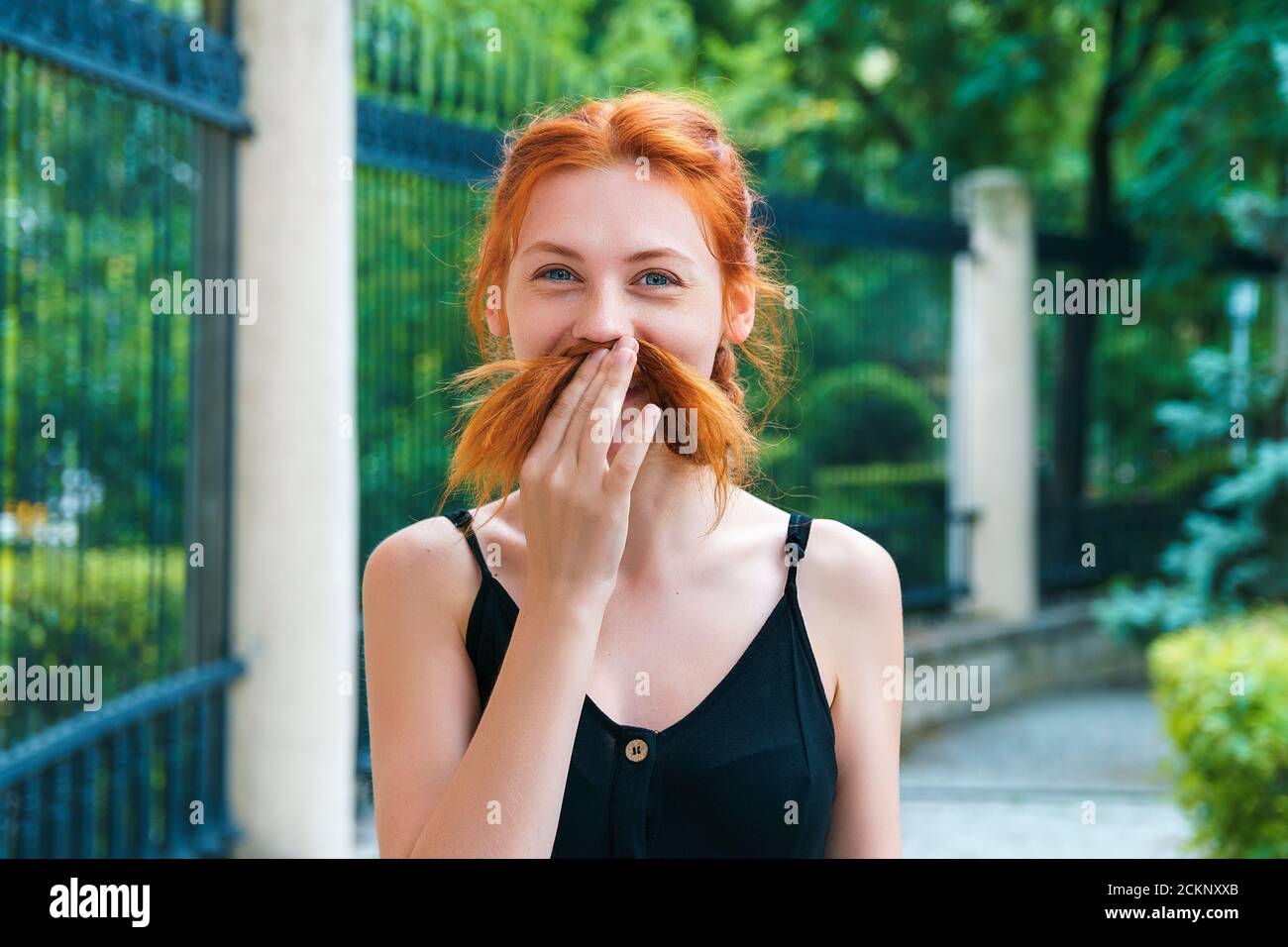 Cute Ginger Girl Make Mustache From Hair Beautiful Funny Redhead Woman