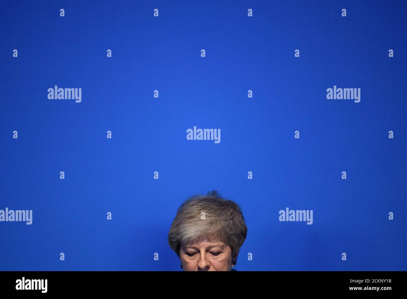 Britain's Prime Minister Theresa May leaves addresses guests with a speech to mark the start of London Tech Week in London, Britain June 10, 2019. Leon Neal/Pool via REUTERS Stock Photo