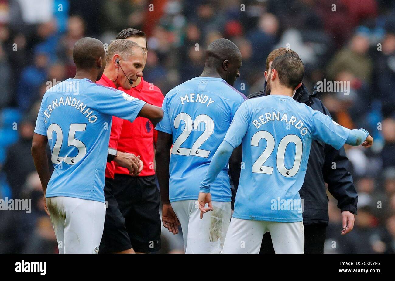 Soccer Football - Premier League - Manchester City v Aston Villa - Etihad  Stadium, Manchester, Britain - October 26, 2019 Manchester City's  Fernandinho, Benjamin Mendy and Bernardo Silva speak with referee Graham