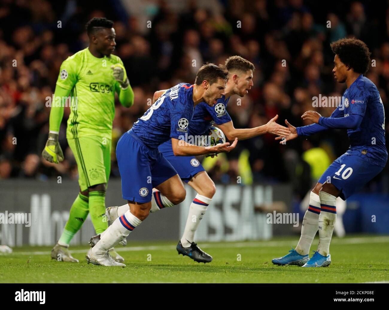 Soccer Football Champions League Group H Chelsea V Ajax Amsterdam Stamford Bridge London Britain November 5 2019 Chelsea S Jorginho Celebrates Scoring Their Third Goal With Cesar Azpilicueta