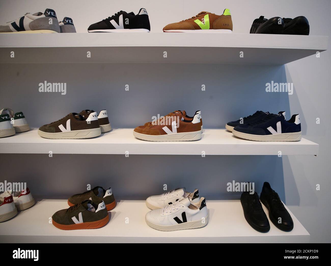 Shoes made of organic and vegan fabric are seen at the booth of the company  Veja, during the ISPO trade fair for sports equipment and fashion in  Munich, Germany, January 26, 2020.