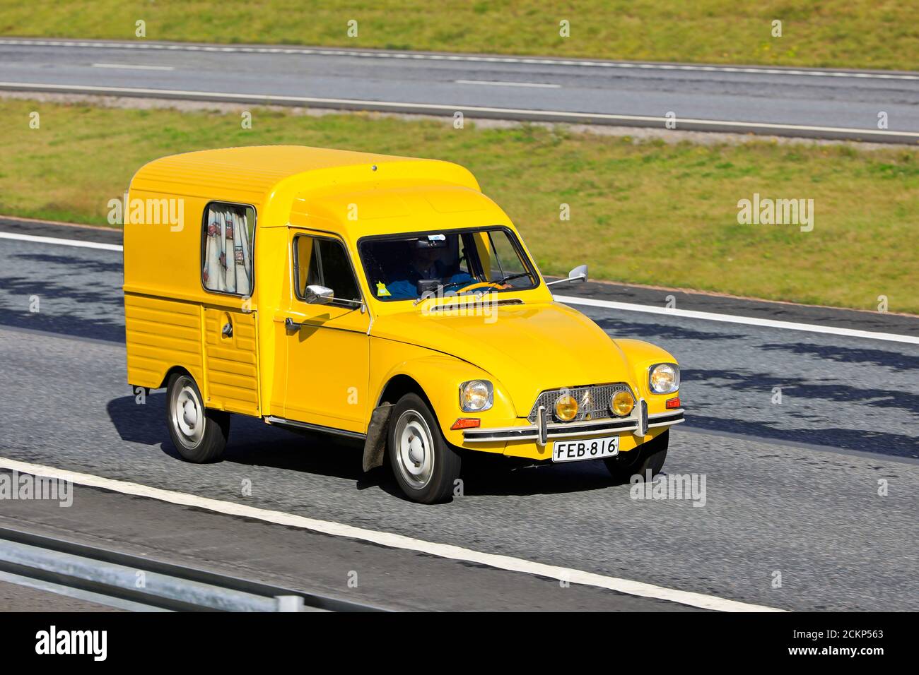 Yellow Citroen Acadiane, a small commercial vehicle produced 1977-1987, at speed on Finnish National road 1. Salo, Finland. September 13, 2020. Stock Photo
