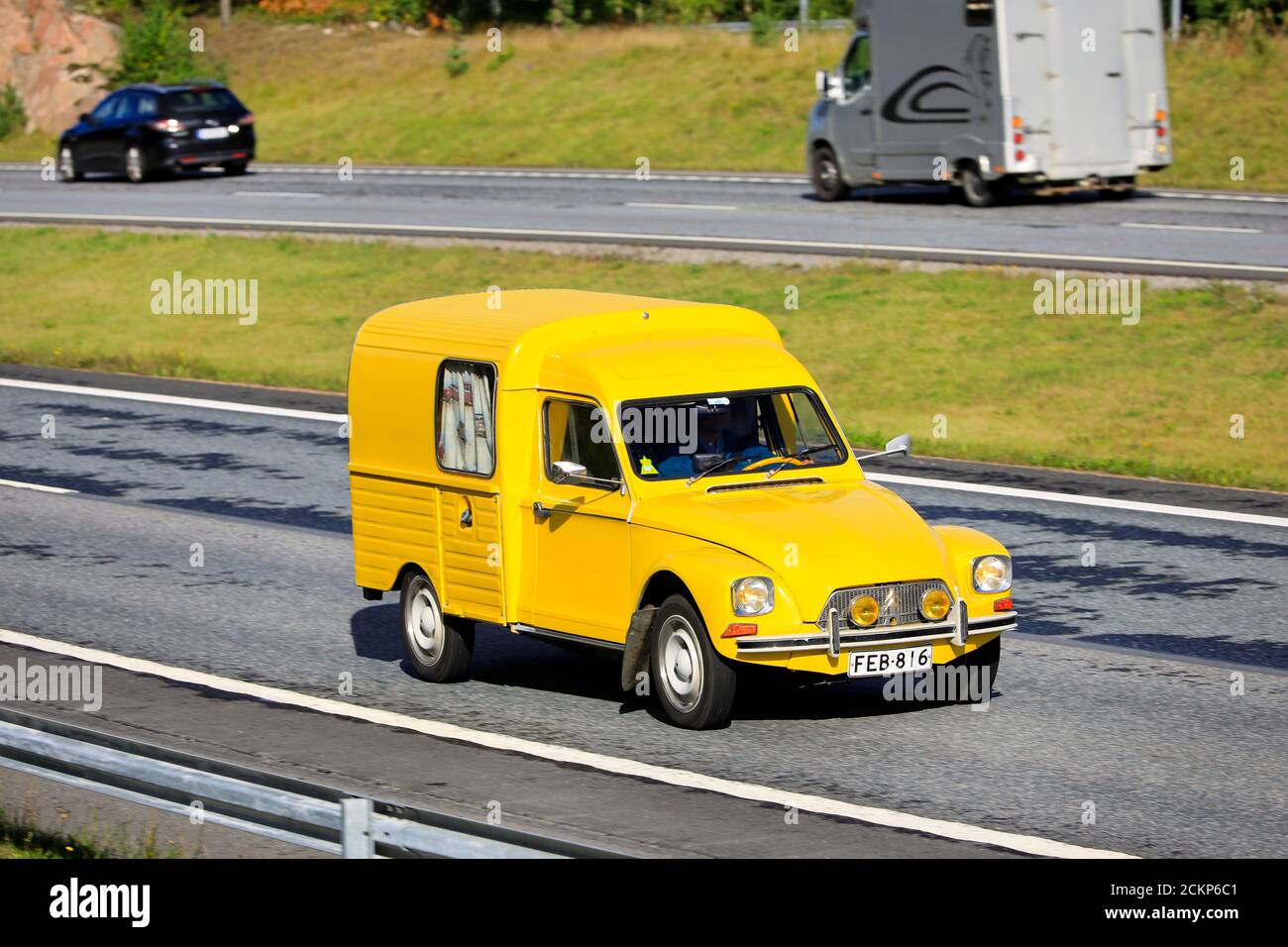 Yellow Citroen Acadiane, a small commercial vehicle produced 1977-1987, at speed on Finnish National road 1. Salo, Finland. September 13, 2020. Stock Photo