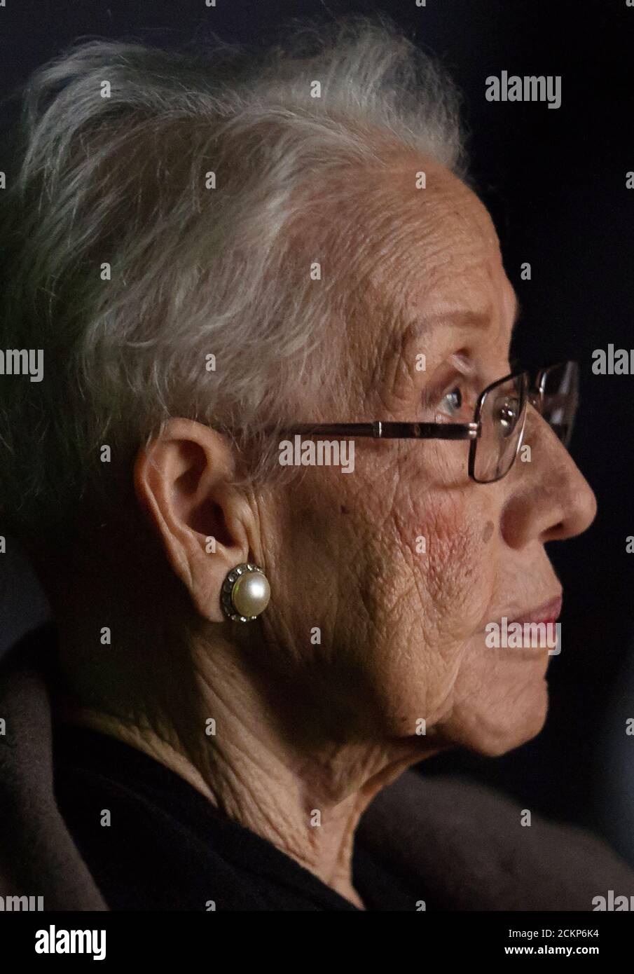 NASA 'human computer' Katherine Johnson watches the premiere of 'Hidden Figures' after a reception where she was honored along with other members of the segregated West Area Computers division of Langley Research Center, on Thursday, December 1, 2016, at the Virginia Air and Space Center in Hampton, Virginia. Johnson was the African American mathematician, physicist, and space scientist, who calculated flight trajectories for John Glenn's first orbital flight in 1962. Stock Photo