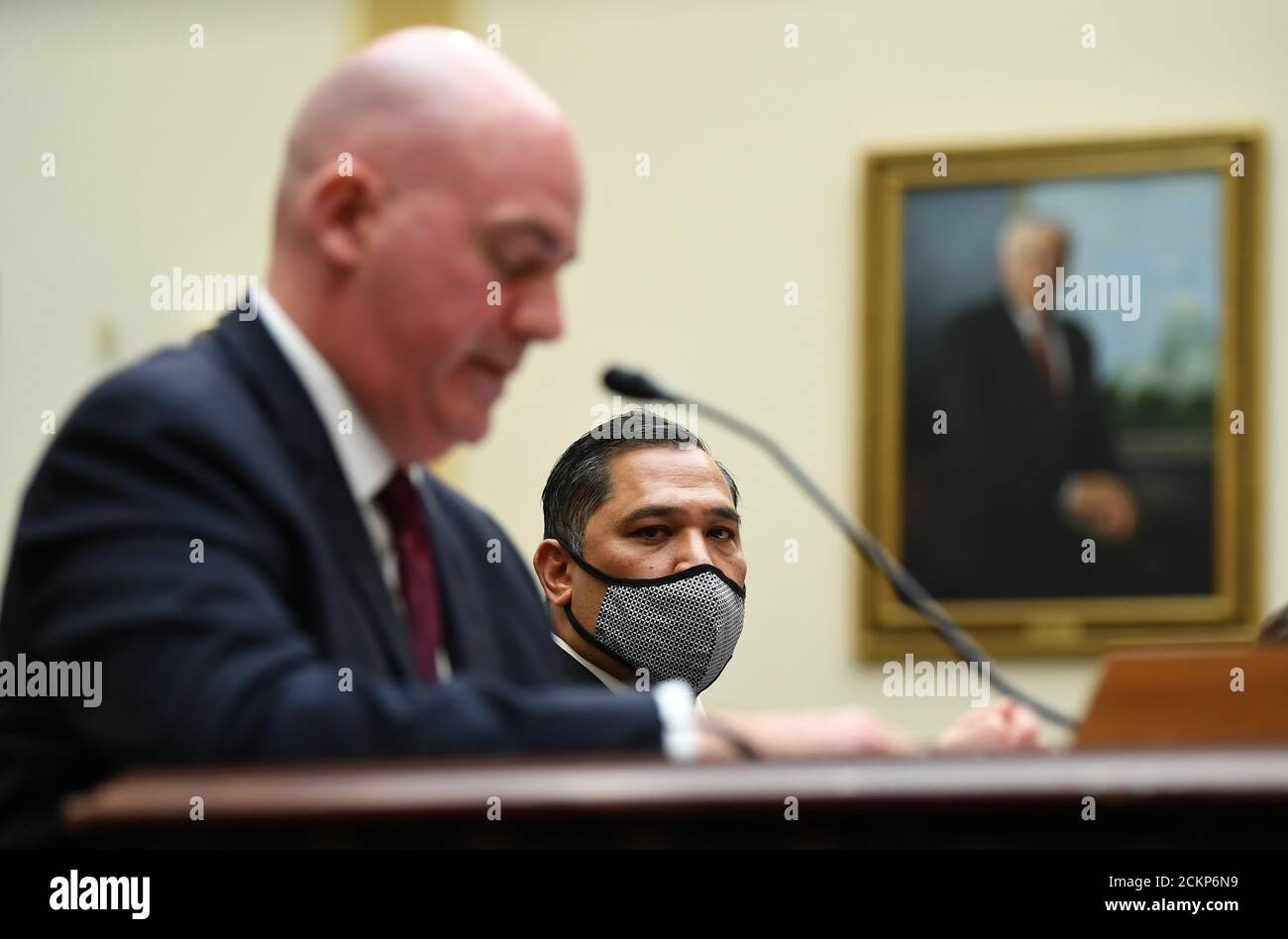 Washington, United States. 16th Sep, 2020. R. Clarke Cooper (L), Assistant Secretary of State for Political-Military Affairs and Brian Bulatao, Under Secretary of State for Management, testify before a House Committee on Foreign Affairs hearing looking into the firing of State Department Inspector General Steven Linick, on Capitol Hill in Washington, DC on Wednesday, September 16, 2020. Photo by Kevin Dietsch/UPI Credit: UPI/Alamy Live News Stock Photo