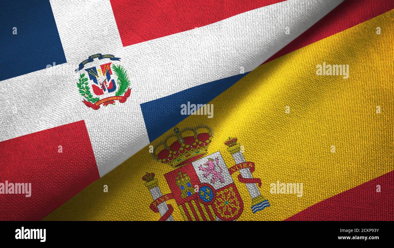 Dominican Republic and Spain two flags textile cloth, fabric texture ...