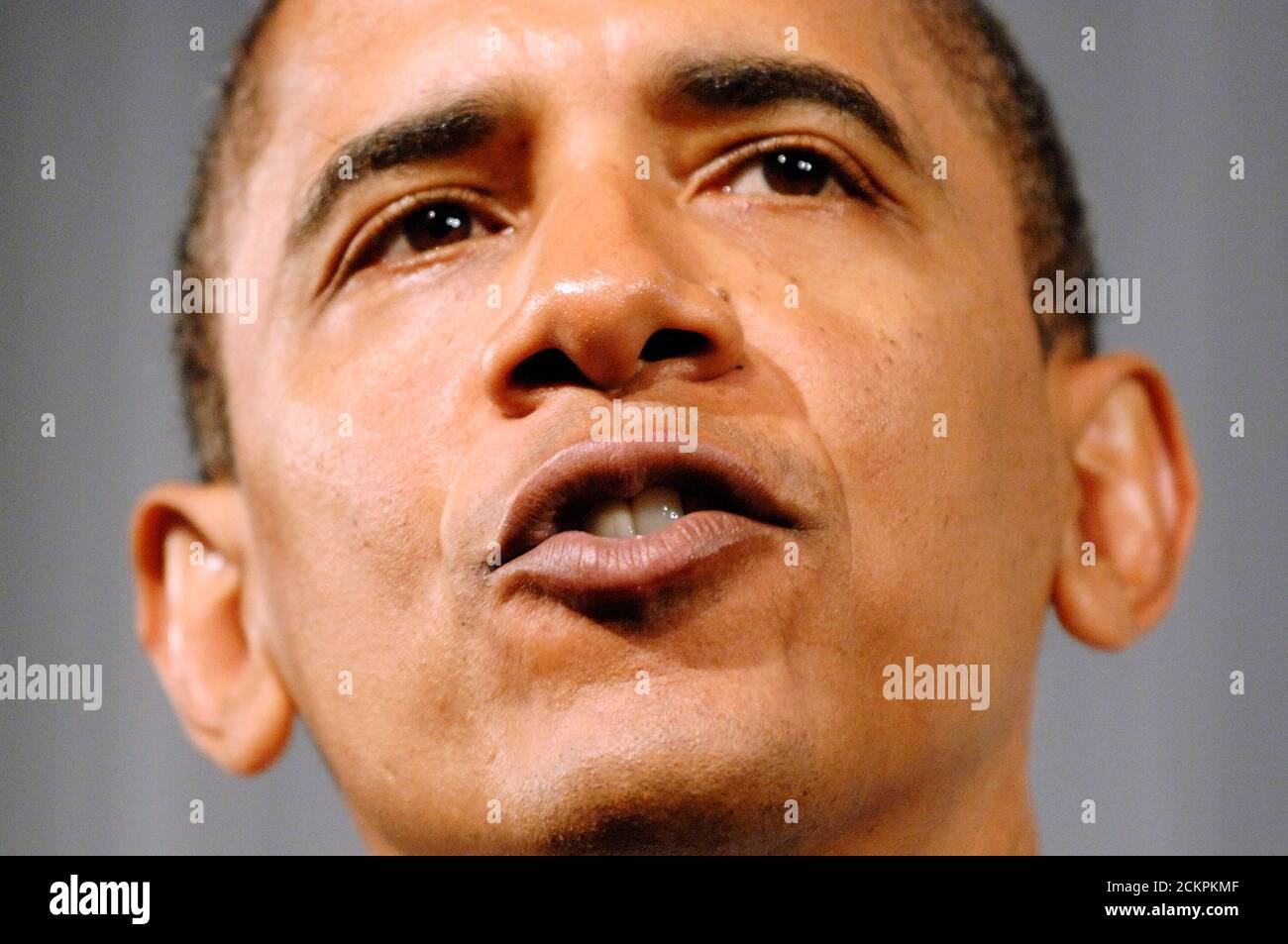US President Barack Obama talks about the health care system at the annual meeting of the American Medical Association in Chicago, Illinois, June 15, 2009. REUTERS/Jonathan Ernst (UNITED STATES POLITICS HEADSHOT HEALTH) Stock Photo