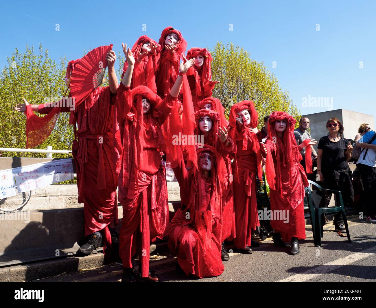 London, UK. 20th April 2019. Waterloo bridge has been blocked by climate change campaigners from Extinction Rebellion for six days. During that time, they have created a Garden bridge used for International Rebellion activities to demand urgent action to combat climate change by the British government Stock Photo