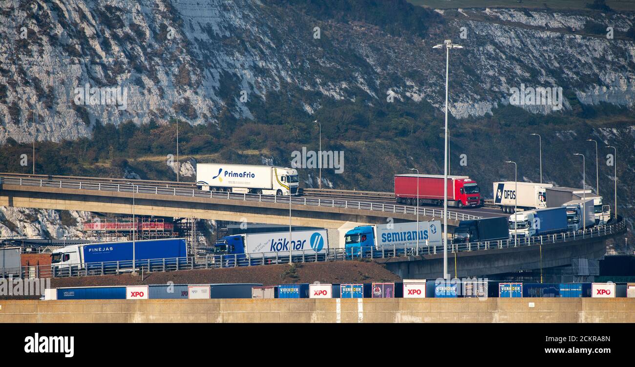 Dover, Kent, England, UK. 2020. Trucks queue on the A2 highway to enter the  Port of Dover and a cross channel ferry to France Stock Photo - Alamy