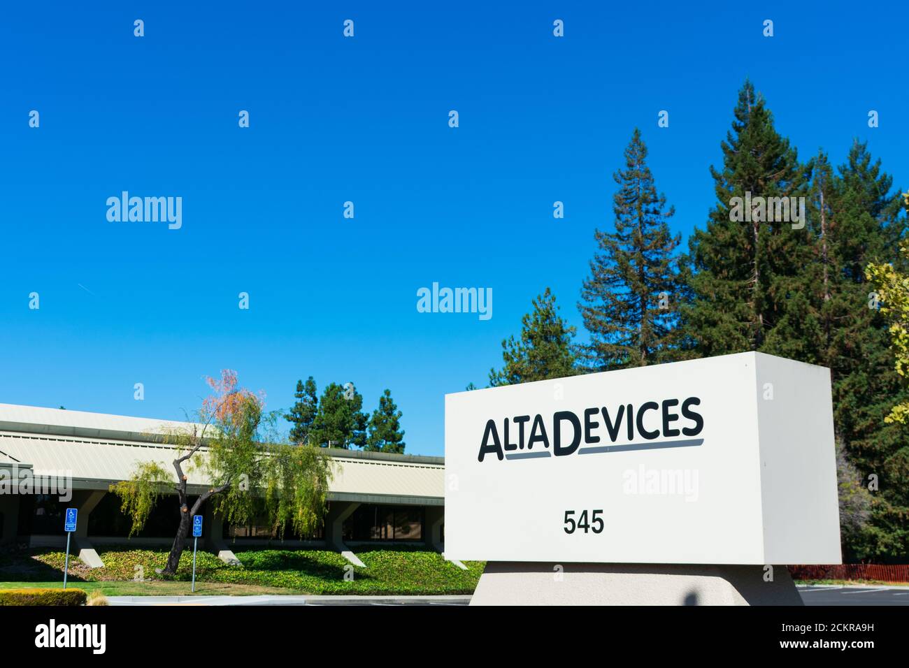 Alta Devices sign at private solar energy company headquarters in Silicon Valley - Sunnyvale, California, USA - October 2019 Stock Photo