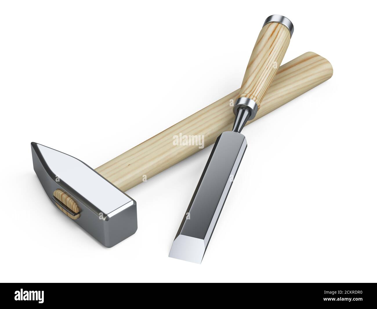 Hammer and chisel hand tool with wooden handles. 3d illustration