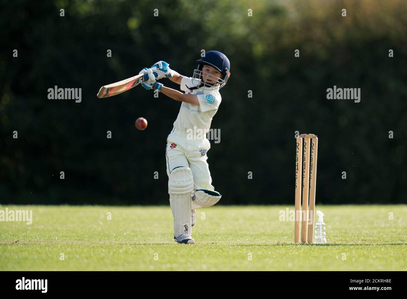 Young boy playing cricket shot during village cricket match for all ages. Stock Photo
