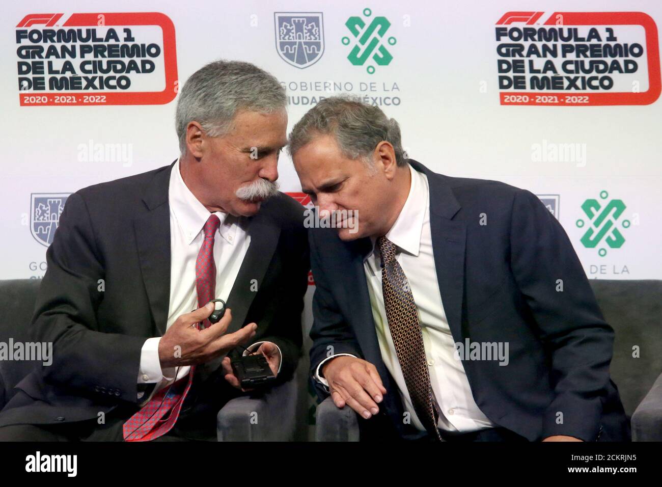 Chase Carey (L), Formula One group CEO, speaks with Alejandro Soberon, Chief Executive Officer and Managing Director of Corporacion Interamericana de Entretenimiento (CIE), during an official ceremony in Mexico City, Mexico August 8, 2019. REUTERS/Edgard Garrido Stock Photo