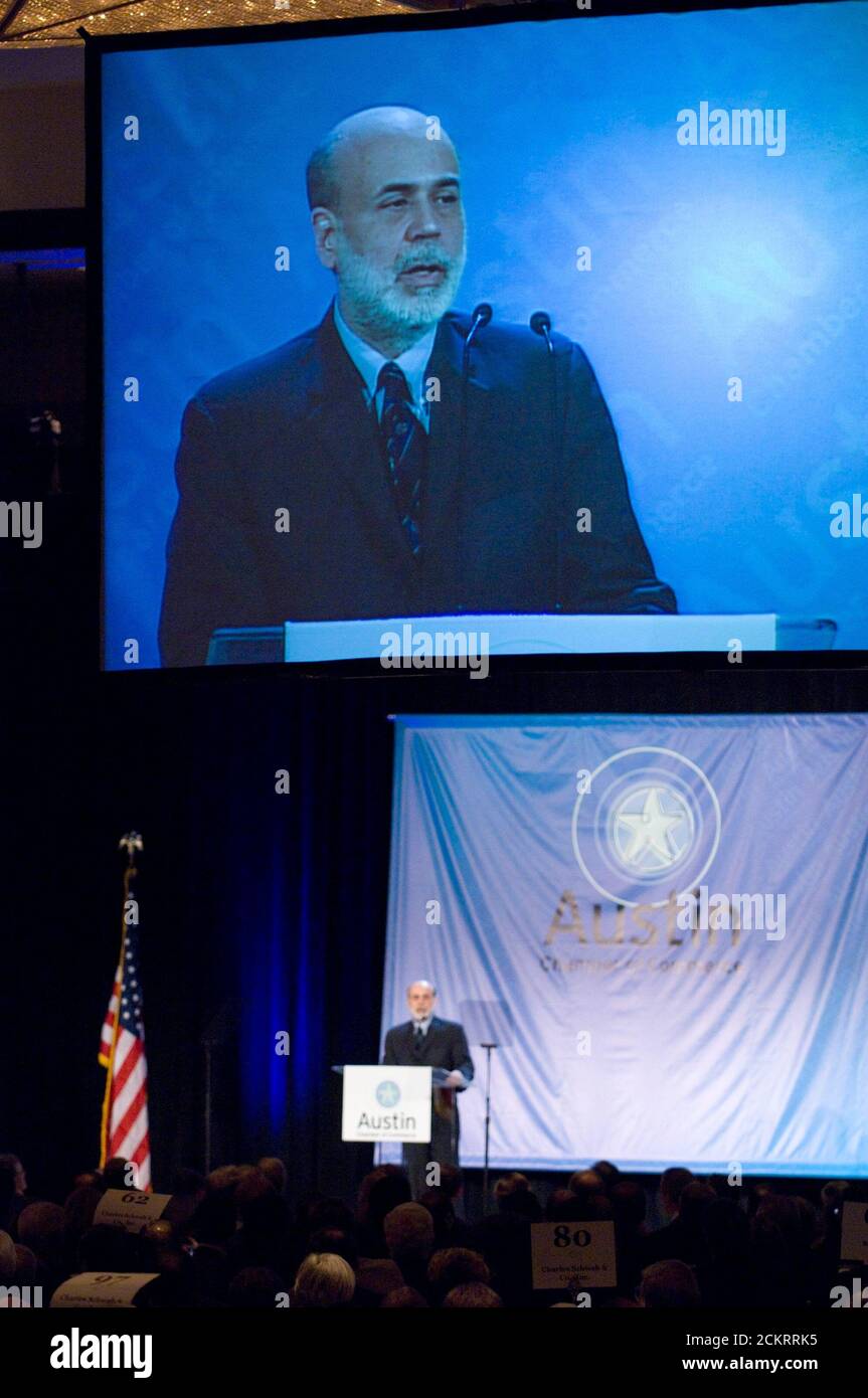 Austin,TX December 1, 2008: U.S. Federal Reserve chairman Ben Bernanke speaks before 1,800 businesspeople Monday, telling the crowd that the global financial crisis will extend well into 2009 before official measures will have a positive effect on the economy. ©Bob Daemmrich Stock Photo