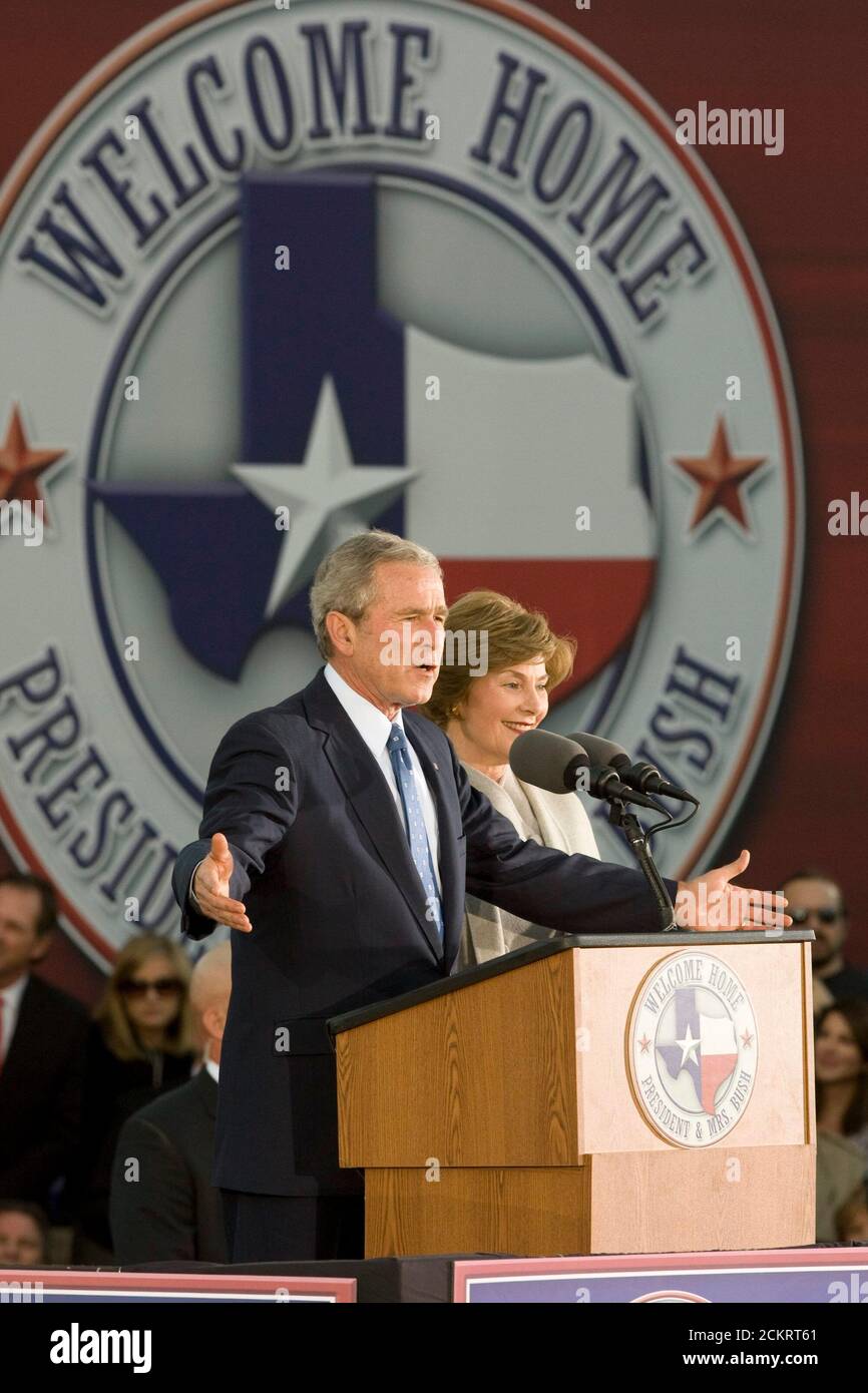 Midland, Texas January 20, 2009: Former President George W. Bush and wife Laura are greeted by 20,000 well-wishers in downtown Midland Tuesday after his return from Washington as a private citizen following the inauguration of Barack Obama. ©Bob Daemmrich Stock Photo