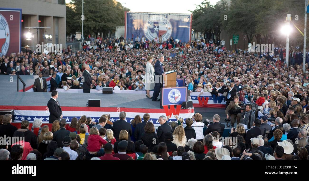 Midland, Texas January 20, 2009: Former President George W. Bush and wife Laura are greeted by 20,000 well-wishers in downtown Midland Tuesday after his return from Washington as a private citizen following the inauguration of Barack Obama.  ©Bob Daemmrich Stock Photo
