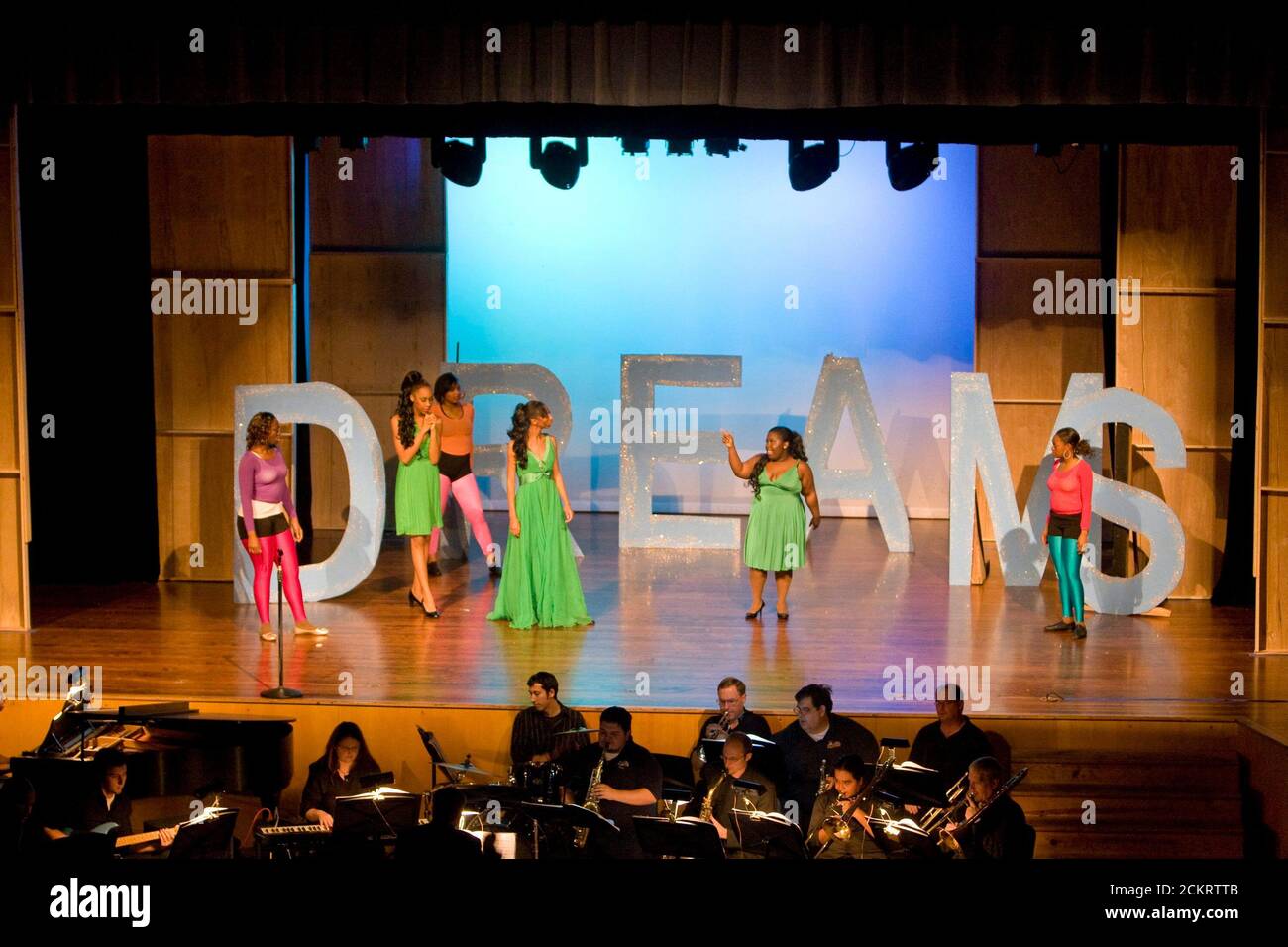 Austin, TX February 5, 2009: Reagan High School Blue Jesters production of 'Dreamgirls'. showing a rehearsal for the Dreamgirls trio (in green).  ©Chris Daemmrich / Daemmrich Photos Stock Photo
