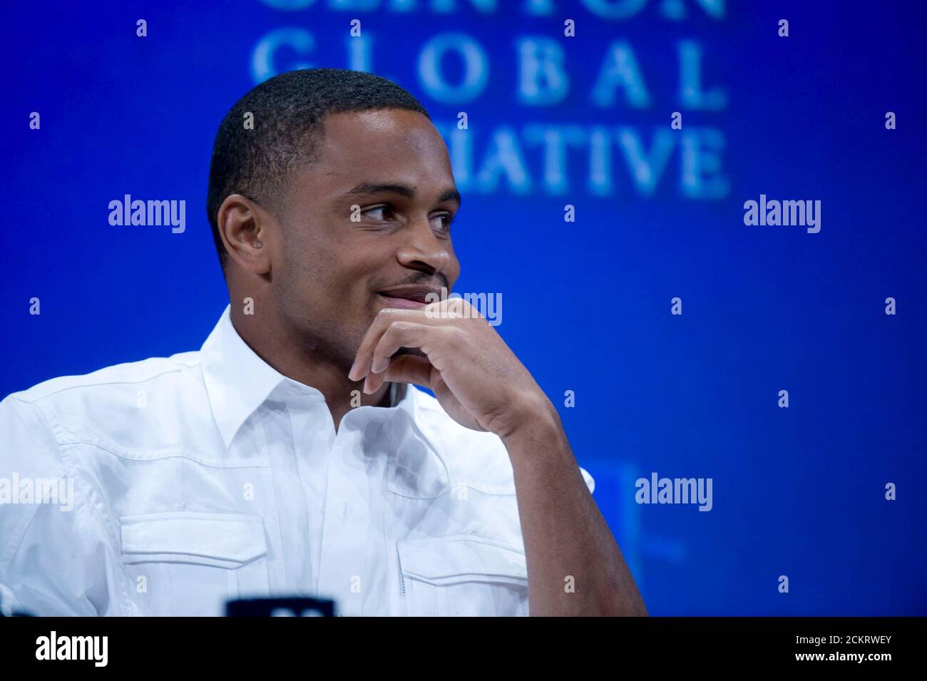 Austin, TX February 14, 2009: Oakland Raiders cornerback Nnamdi Asomugha listens on a panel at the second-annual Clinton Global Initiative University, a conference bringing together students to take action on global challenges such as poverty, hunger, energy, climate change and global health. The program is patterned after Clinton Global Initiative Foundation formed by President Bill Clinton. ©Bob Daemmrich Stock Photo