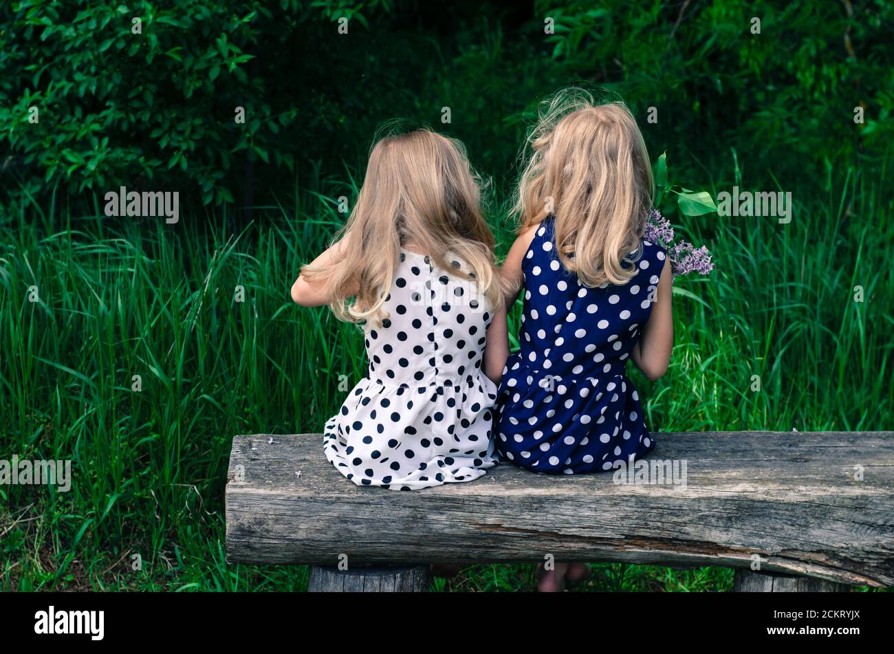 two  blond girls sitting on bench back view Stock Photo
