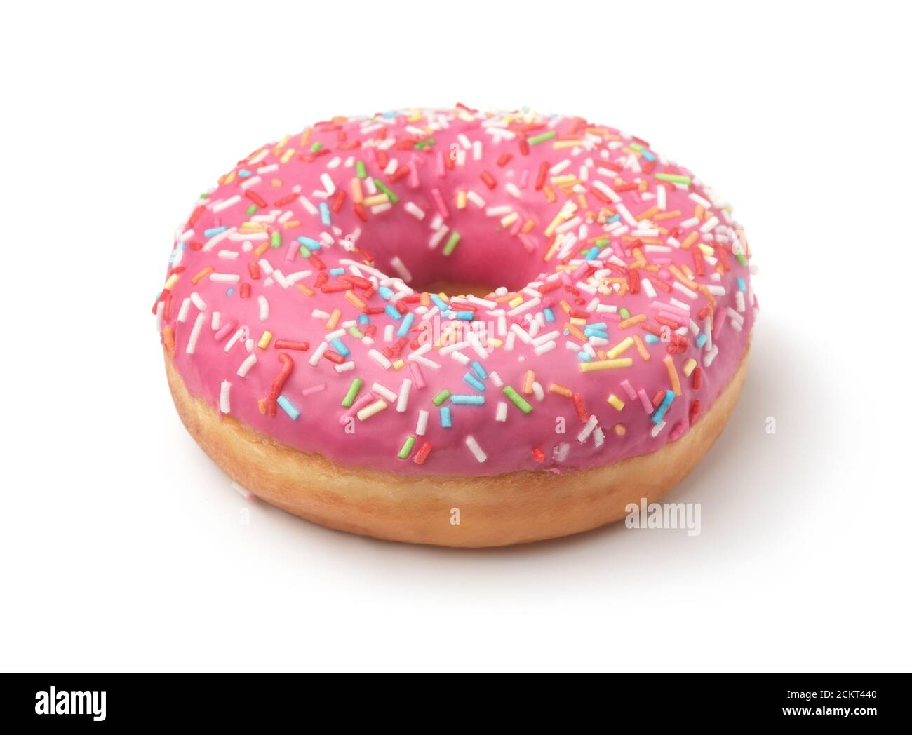 Pink frosted donut with colorful sprinkles isolated on white Stock Photo