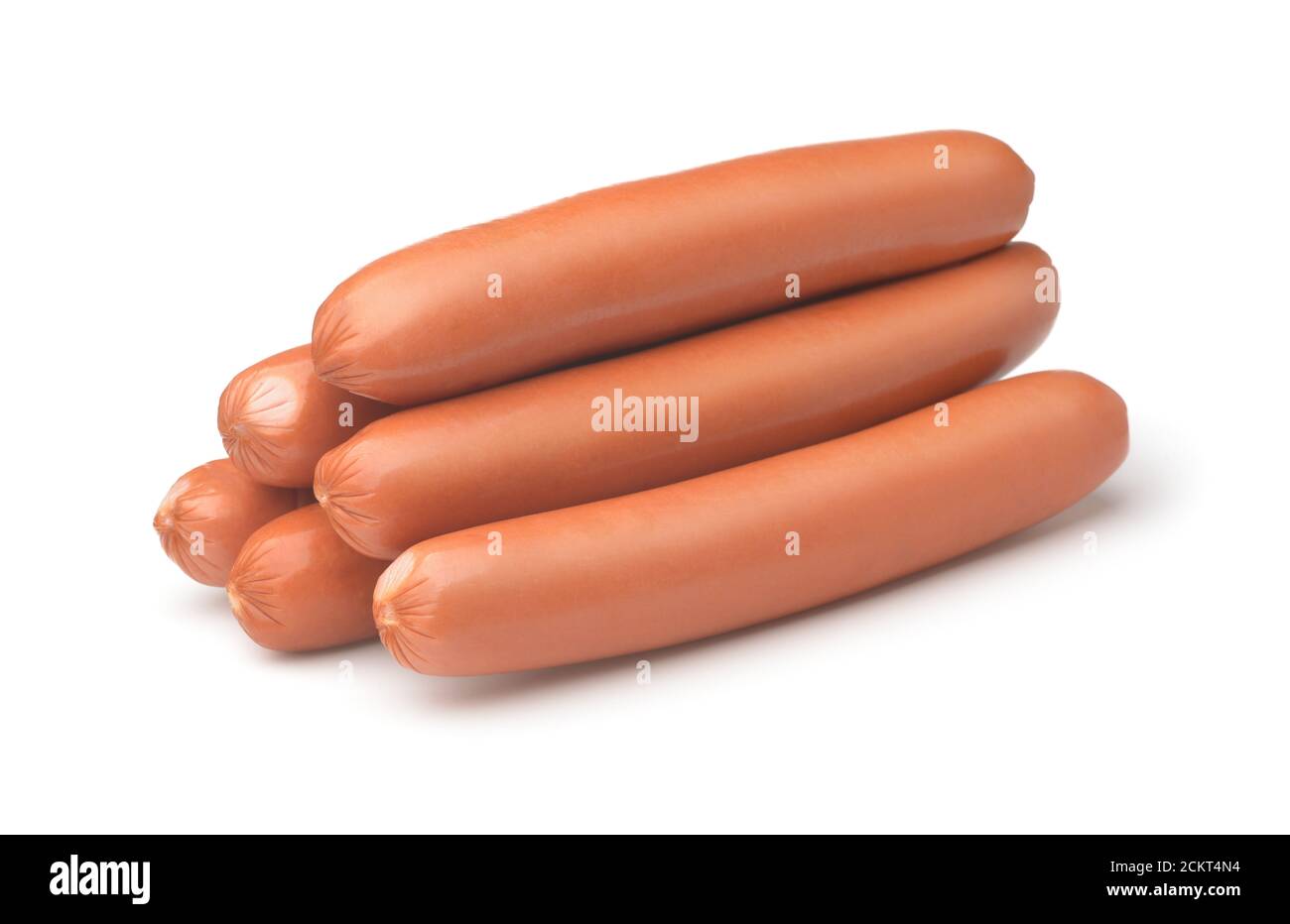 Stack of fresh frankfurter sausages isolated on white Stock Photo