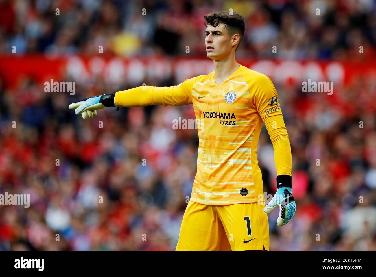 Soccer Football - Premier League - Manchester United v Chelsea - Old Trafford, Manchester, Britain - August 11, 2019  Chelsea's Kepa Arrizabalaga gestures  REUTERS/Phil Noble  EDITORIAL USE ONLY. No use with unauthorized audio, video, data, fixture lists, club/league logos or 'live' services. Online in-match use limited to 75 images, no video emulation. No use in betting, games or single club/league/player publications.  Please contact your account representative for further details. Stock Photo