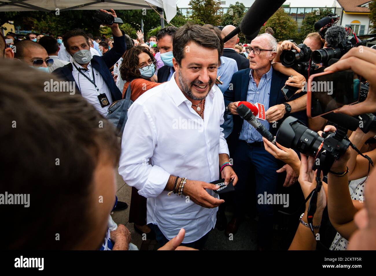 Venaria Reale, Italy - 16 September, 2020: Head of the League party Matteo Salvini speaks with joutnalists during a election rally. On 20 and 21 September Italians will vote for a referendum to confirm the cut in the number of parliamentarians. On the same days, administrative elections are scheduled in 1184 municipalities and in 7 regions. Credit: Nicolò Campo/Alamy Live News Stock Photo