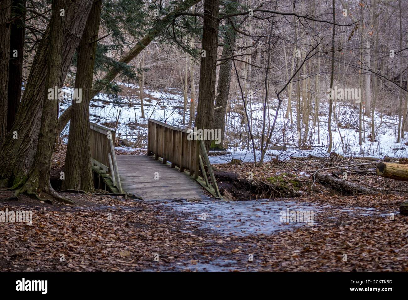 Wooden bridge over Sheridan Creek in the winter Stock Photo
