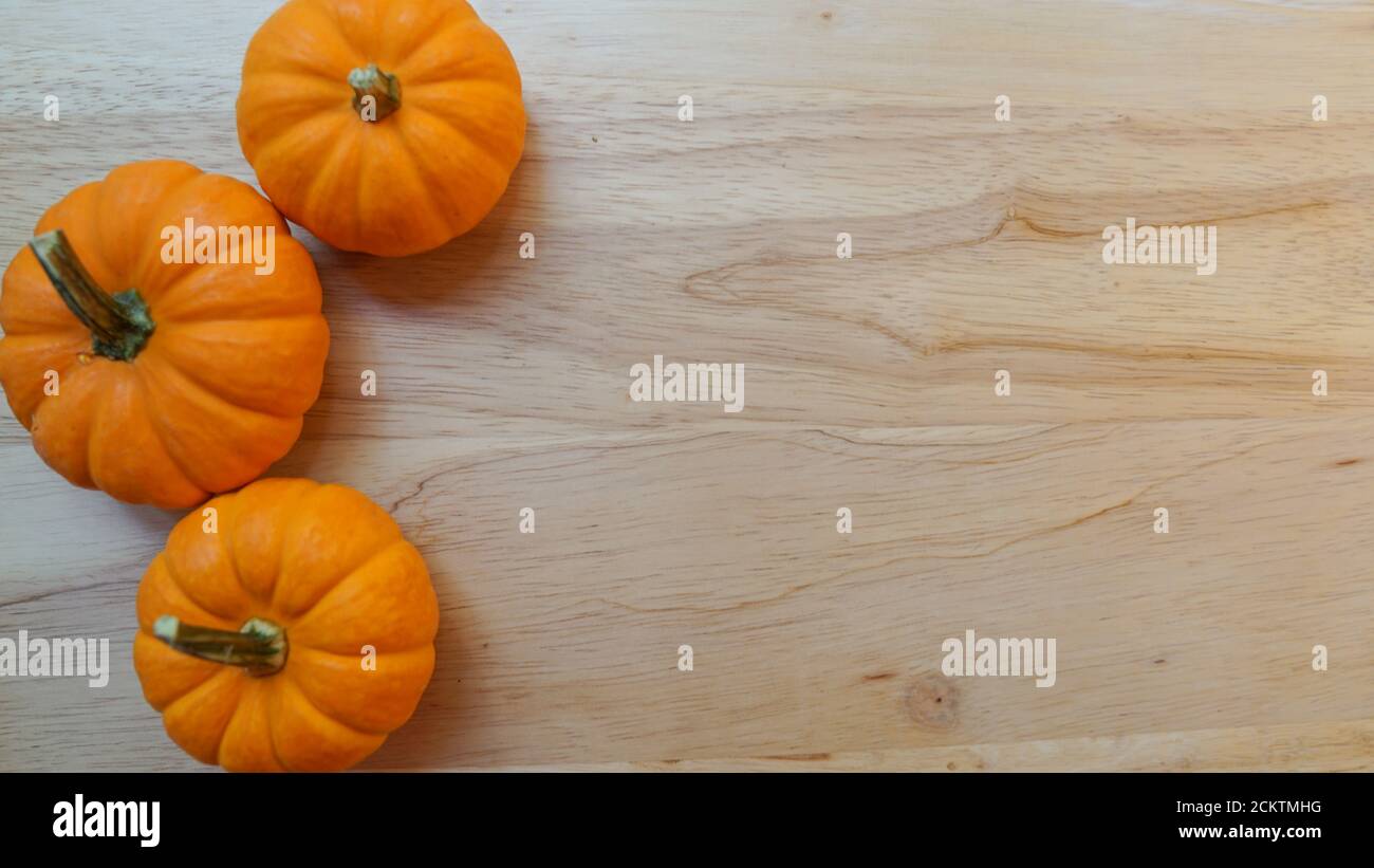 Miniature pumpkins on a wooden background. Template with copy space for Halloween or autumn. Stock Photo