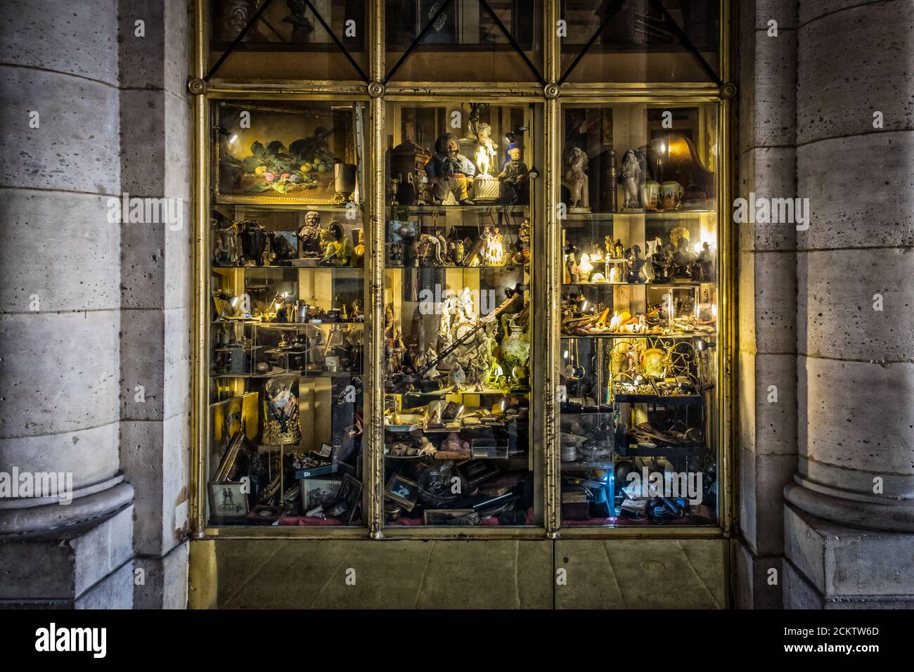 Paris, France, Feb 2020, close up of a shop window of an antique shop in Palais Royal Stock Photo