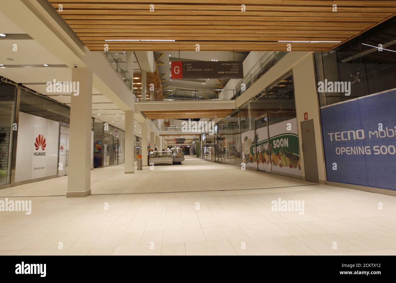 A general view shows the empty corridor inside of the evacuated Garden City shopping Mall in Kenya's capital Nairobi, September 8, 2015. A big, new shopping mall in the Kenyan capital Nairobi was evacuated on Tuesday when a man with a suspected home-made bomb was stopped by security guards, police and mall officials said. Police said three men have been arrested in relation to the incident at the Garden City Mall, which opened in May as part of a $250 million project. Kenyan malls have been on heightened alert since 2013 when four gunmen from Somali militant group al Shabaab attacked the Westg Stock Photo