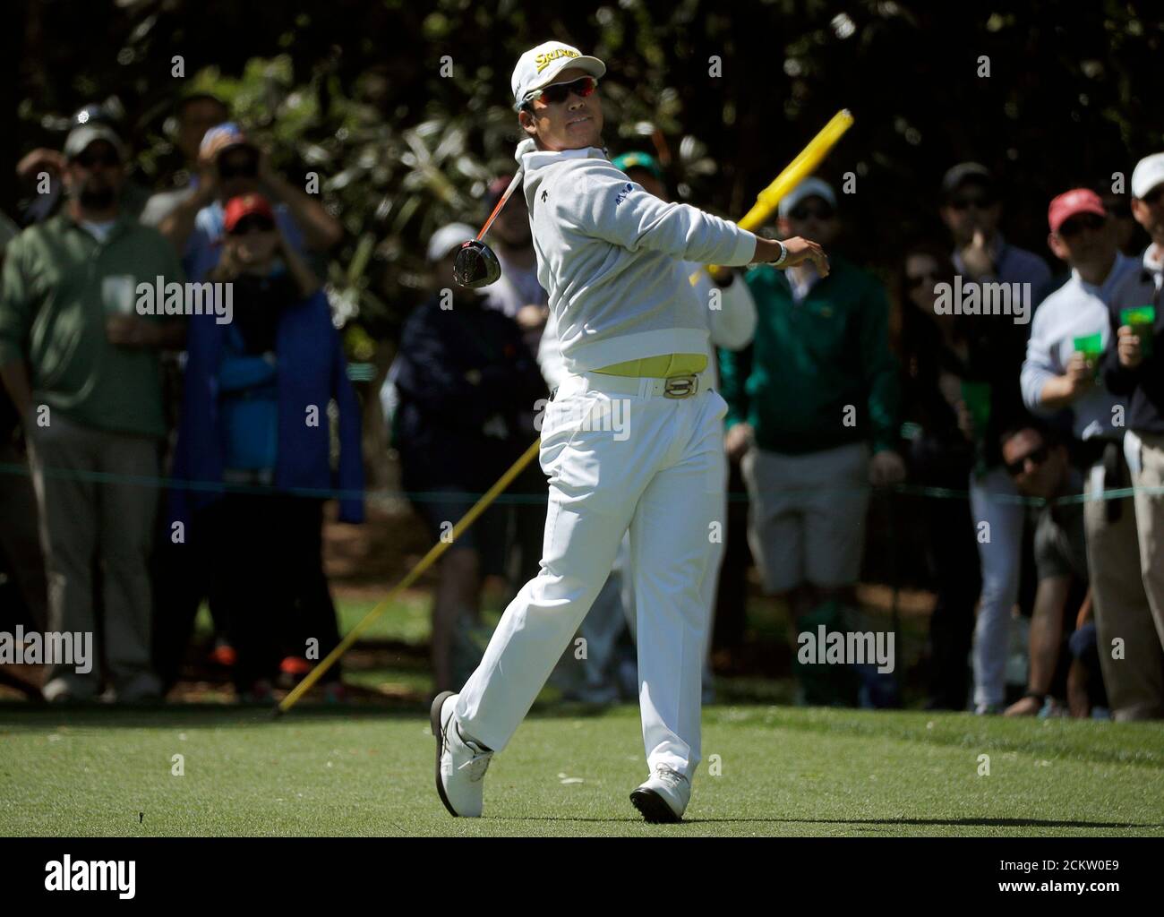 Hideki Matsuyama of Japan hits off the seventh tee in second round play during the 2017 Masters golf tournament at Augusta National Golf Club in Augusta, Georgia, U.S., April 7, 2017. REUTERS/Mike Segar Stock Photo