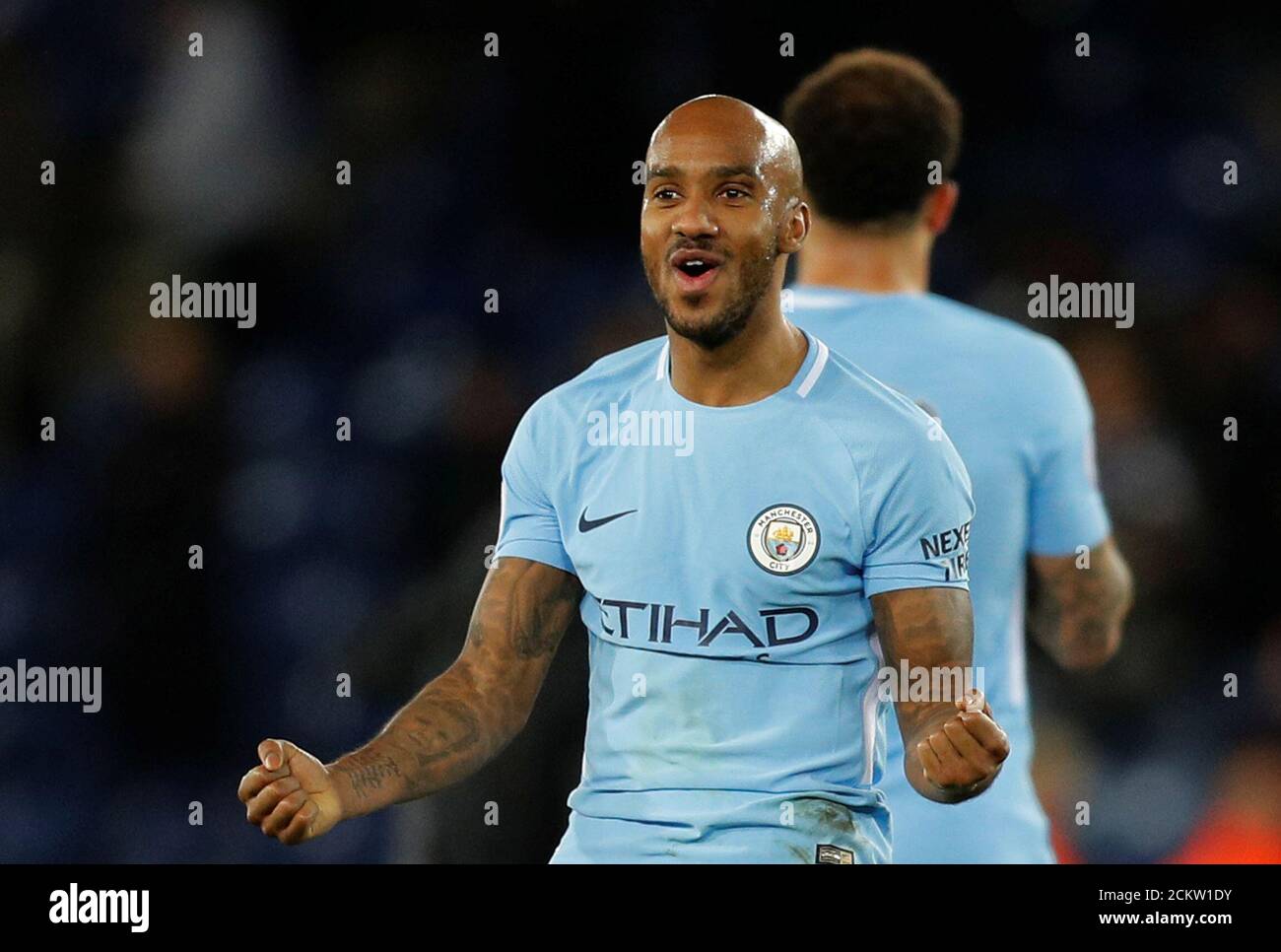 Soccer Football - Premier League - Leicester City vs Manchester City - King Power Stadium, Leicester, Britain - November 18, 2017   Manchester City's Fabian Delph celebrates after the match                 REUTERS/Darren Staples    EDITORIAL USE ONLY. No use with unauthorized audio, video, data, fixture lists, club/league logos or 'live' services. Online in-match use limited to 75 images, no video emulation. No use in betting, games or single club/league/player publications. Please contact your account representative for further details. Stock Photo