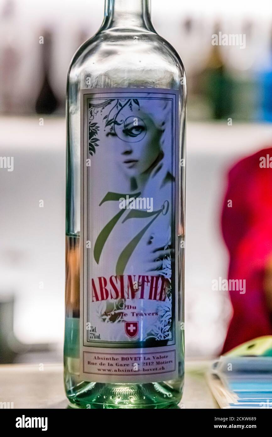 Absinthe in France and Switzerland. The green fairy - La fée verte - Absinthe was the first alcoholic beverage that women were allowed to drink in public in the mid-19th century without being counted among the disreputable demimonde. Val-de-Travers, Switzerland Stock Photo