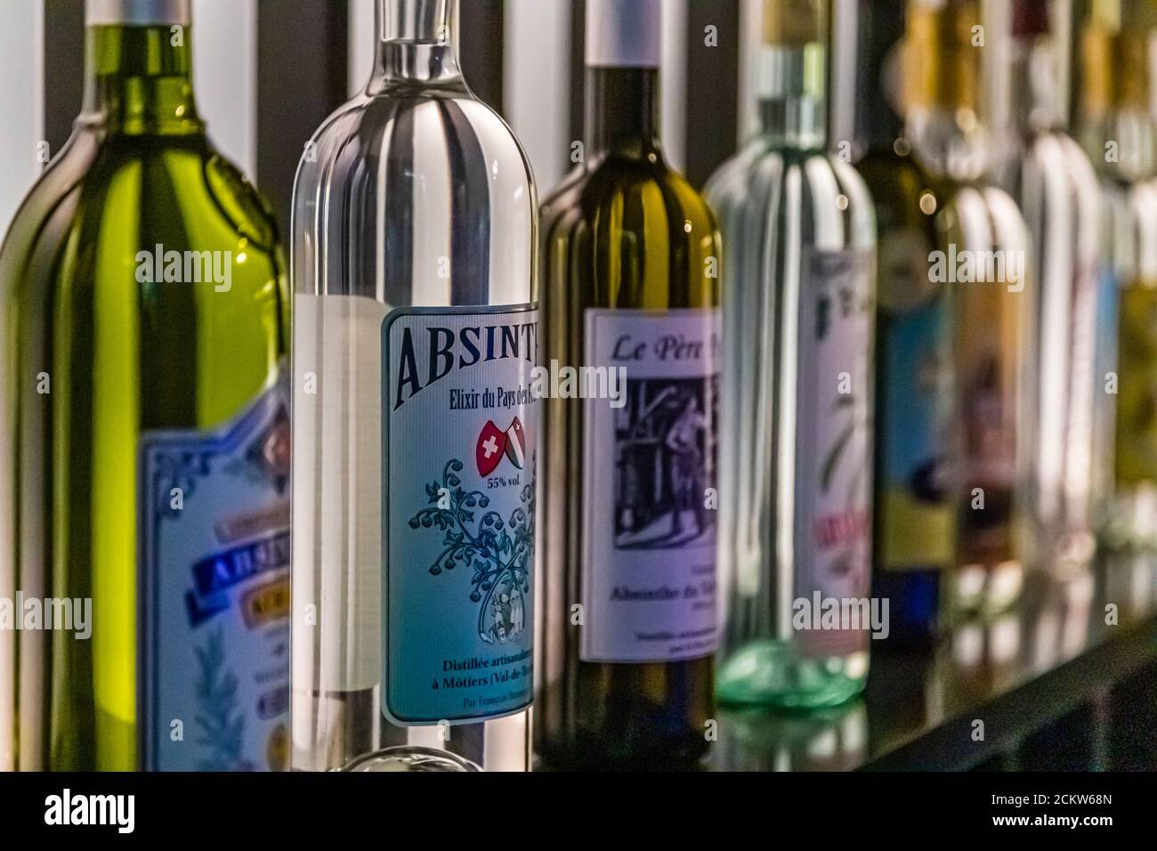 Absinthe in France and Switzerland. The green fairy - La fée verte - Absinthe was the first alcoholic beverage that women were allowed to drink in public in the mid-19th century without being counted among the disreputable demimonde. Val-de-Travers, Switzerland Stock Photo