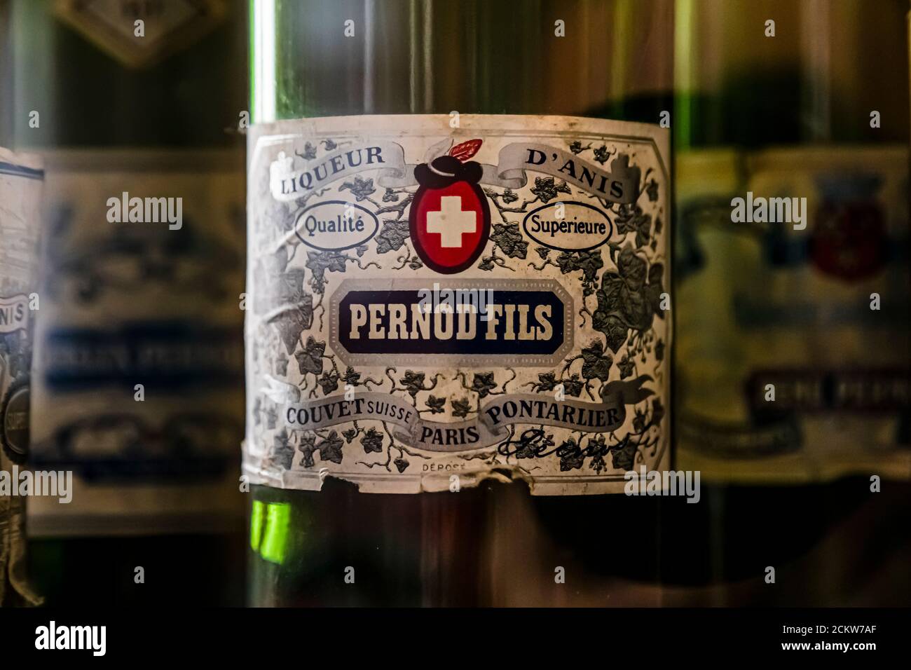The distilleries in Pontarlier switched to making pastis after absinthe was banned. The success of the most famous brand Pernod can also benefit those whose name is similar to Henri-Louis Pernod and who do not care about spelling mistakes Stock Photo