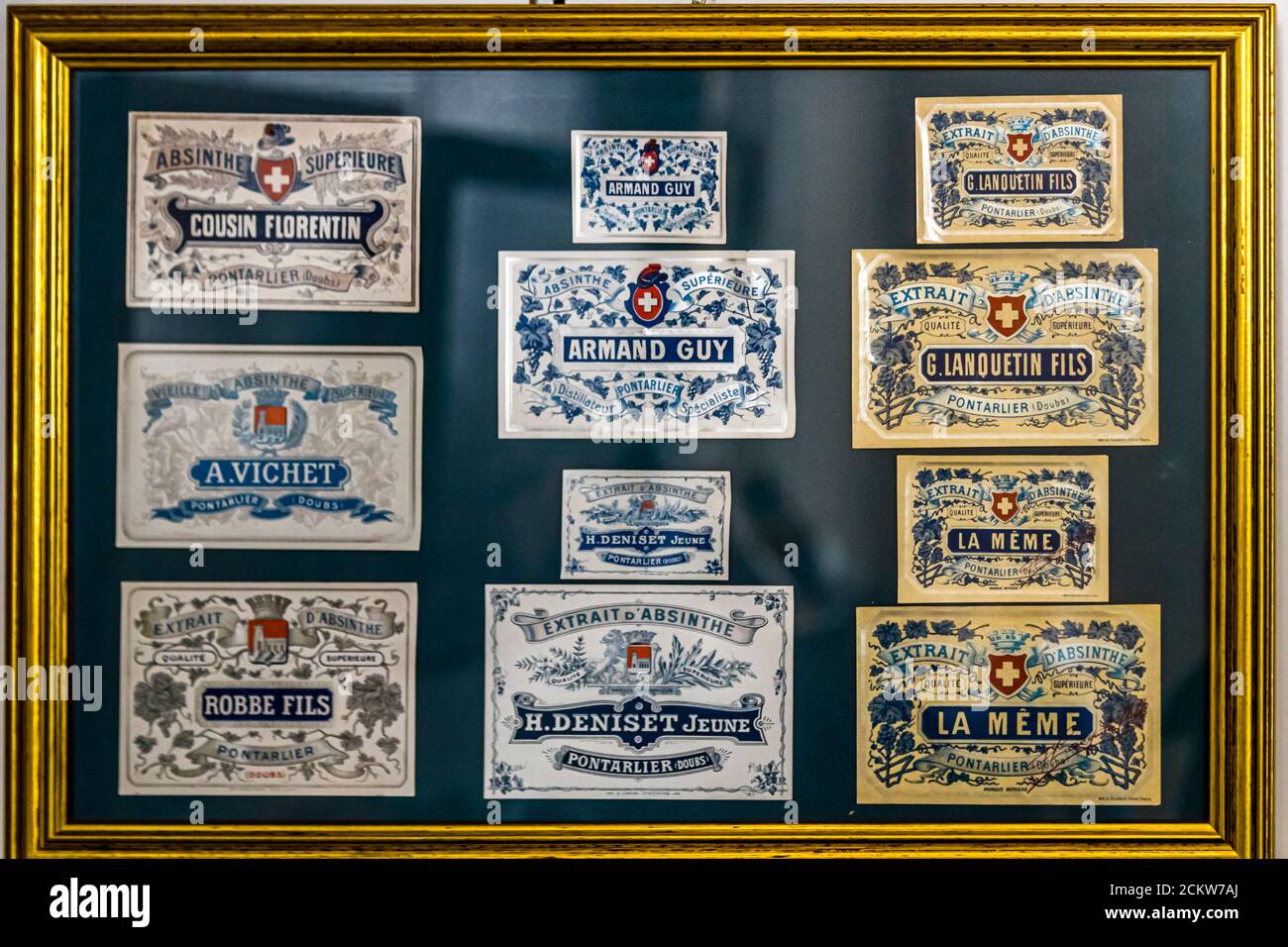 Bottle labels of Absynthe distilleries in Pontarlier, France Stock Photo