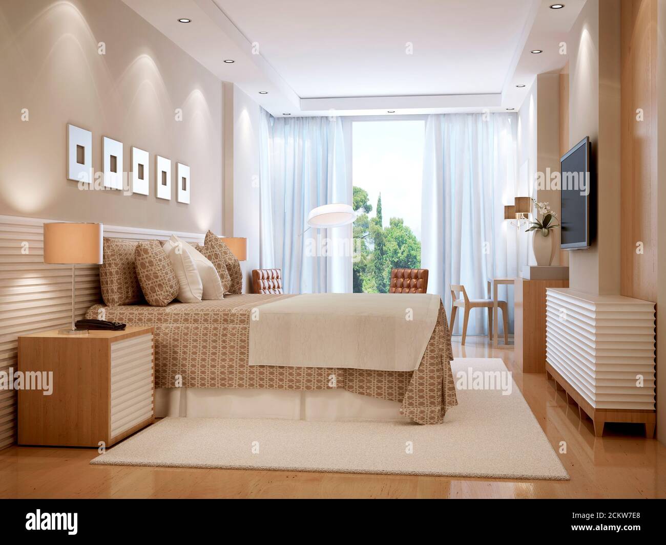 Bright bedroom scandinavian style. 3d render Stock Photo
