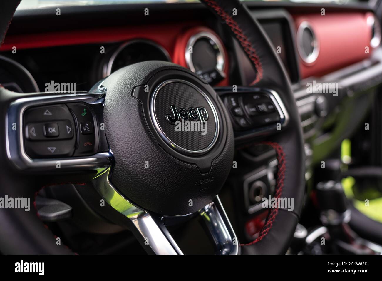 DIEDERSDORF, GERMANY - AUGUST 30, 2020: The interior of mid-size SUV Jeep Wrangler Unlimited Rubicon, 2020. The exhibition of 'US Car Classics'. Stock Photo
