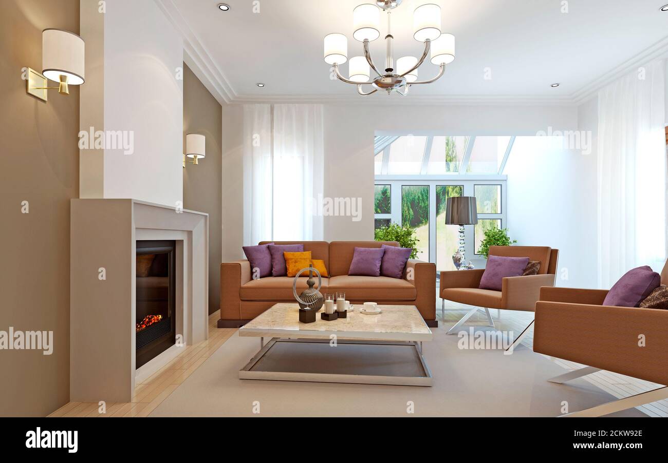 Bright living room with fireplace. 3d render Stock Photo