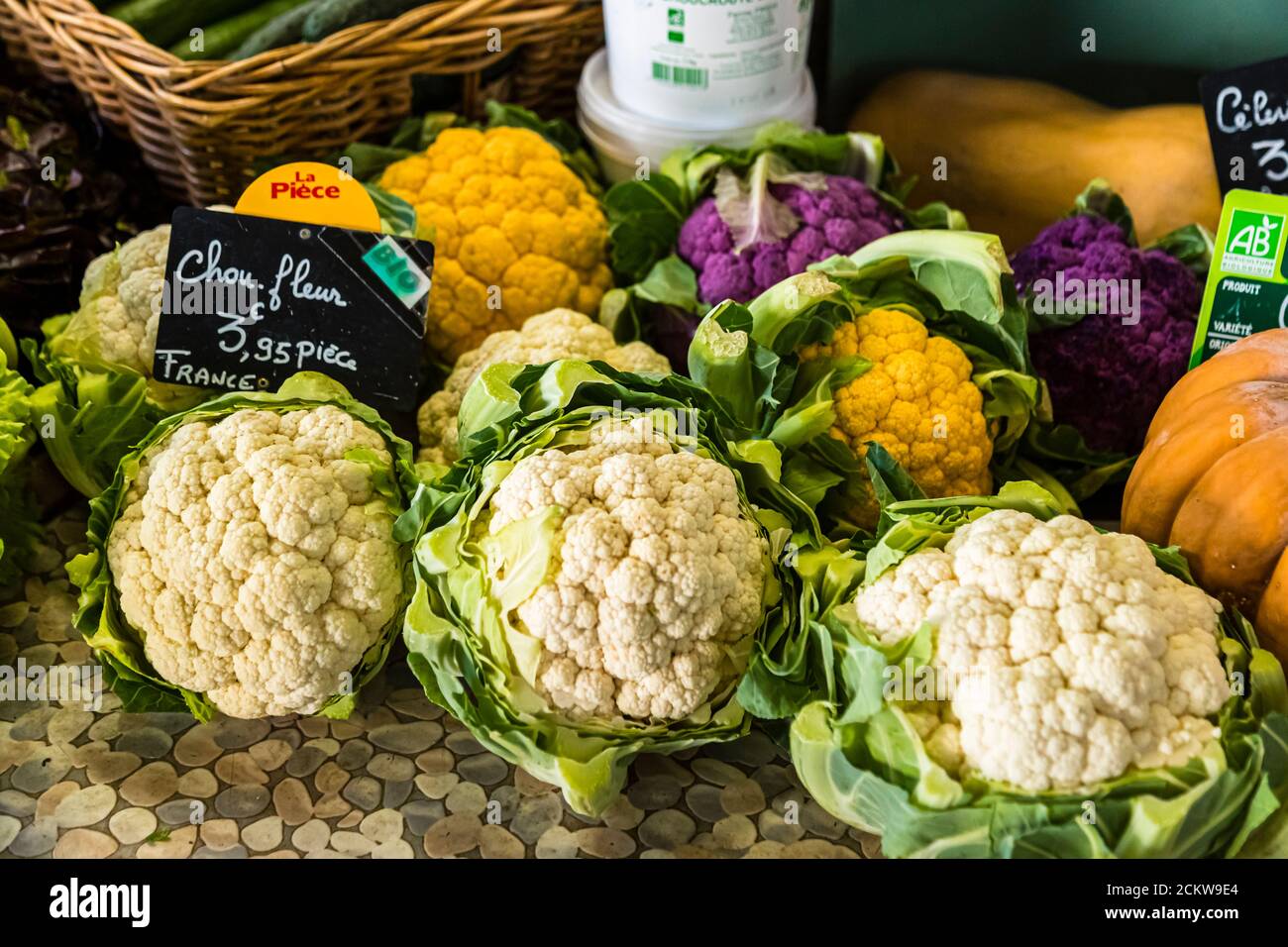 Different color cauliflower in a vegetable store in Dole, France Stock