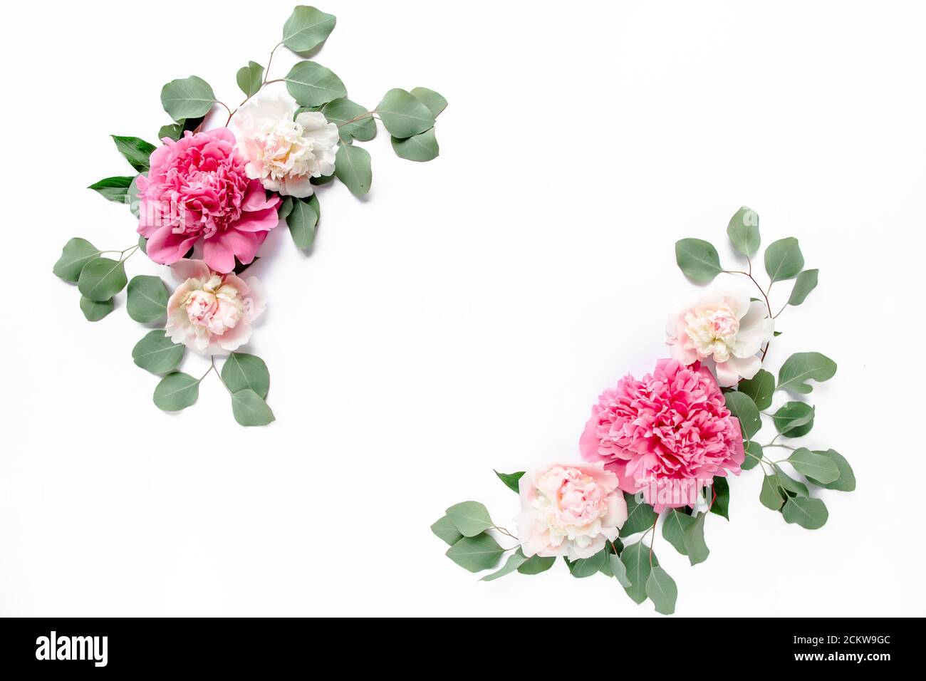 frame made of beautiful pink peonies on wooden white background. Flat ...